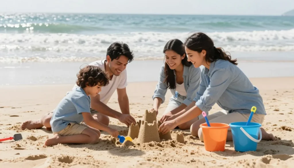 Family enjoying beach activities on Inishowen Peninsula sandy beach