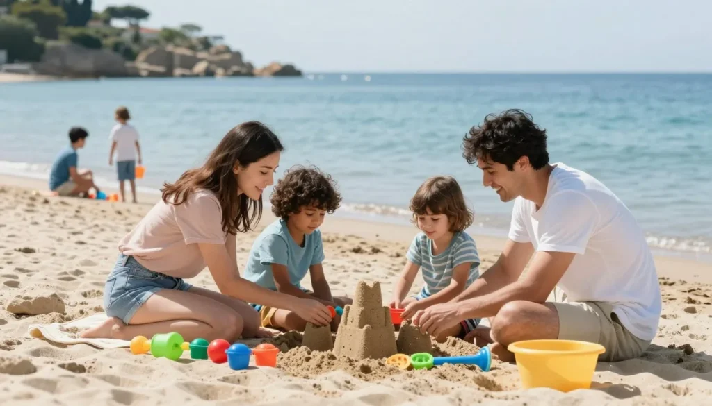 Family enjoying beach activities together in Malaga
