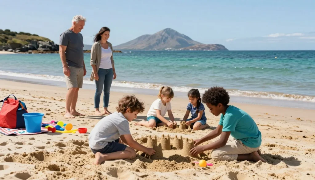 Family enjoying beach activities with children building sandcastles