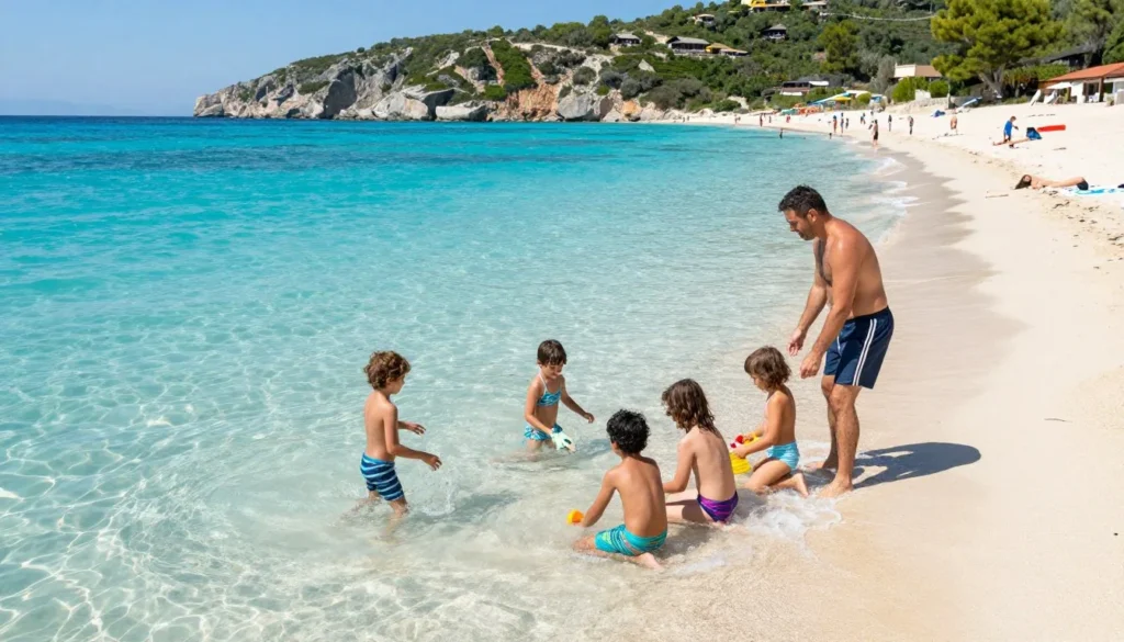 Family enjoying beach time with children playing in shallow clear water