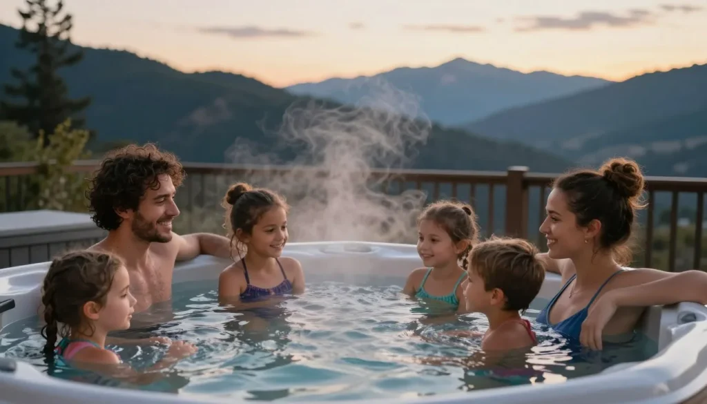 Family enjoying cabin hot tub evening mountain views Family enjoying cabin hot tub evening mountain views