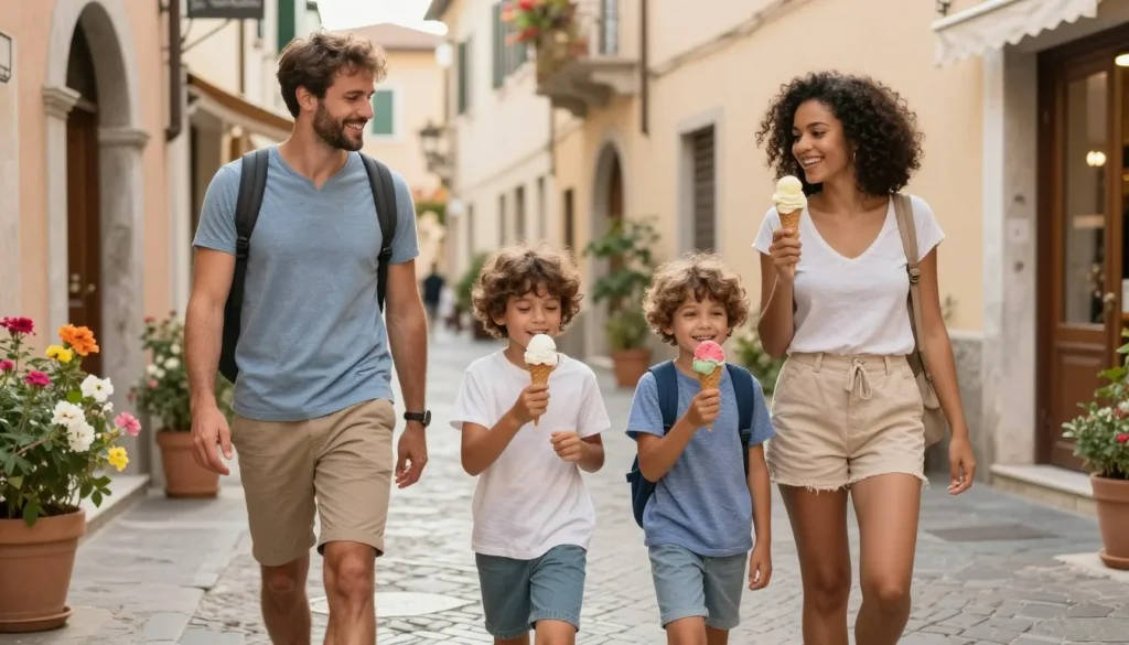 Family enjoying gelato on a sunny street in Sorrento