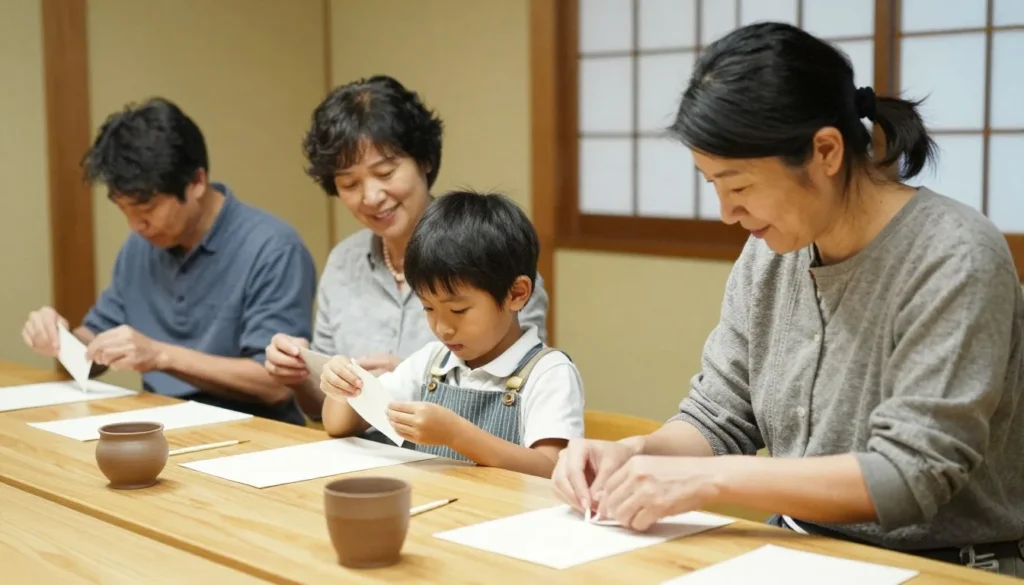 Family enjoying hands-on craft activity at traditional Japanese workshop