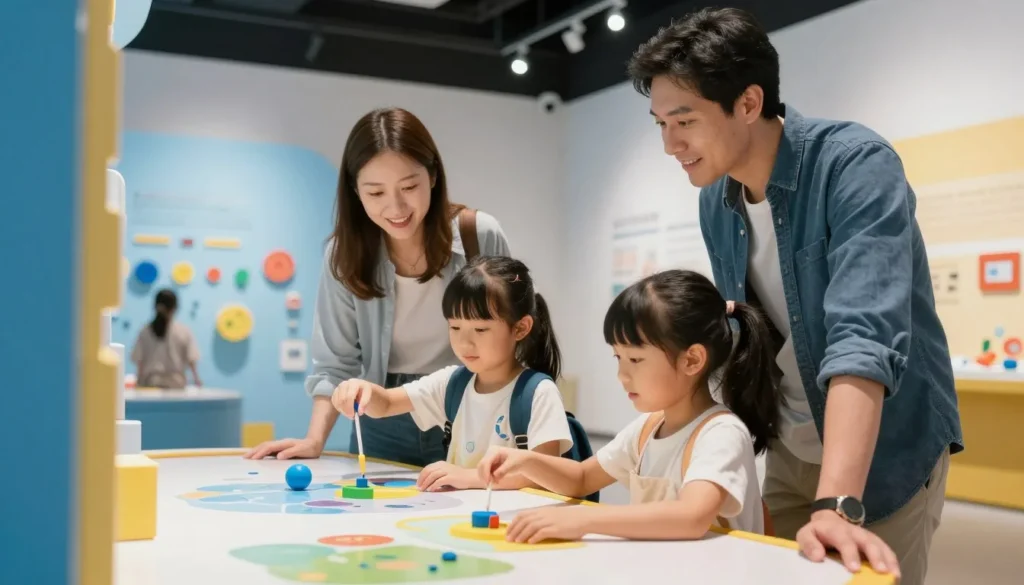 Family enjoying interactive science museum exhibits in Reykjavik