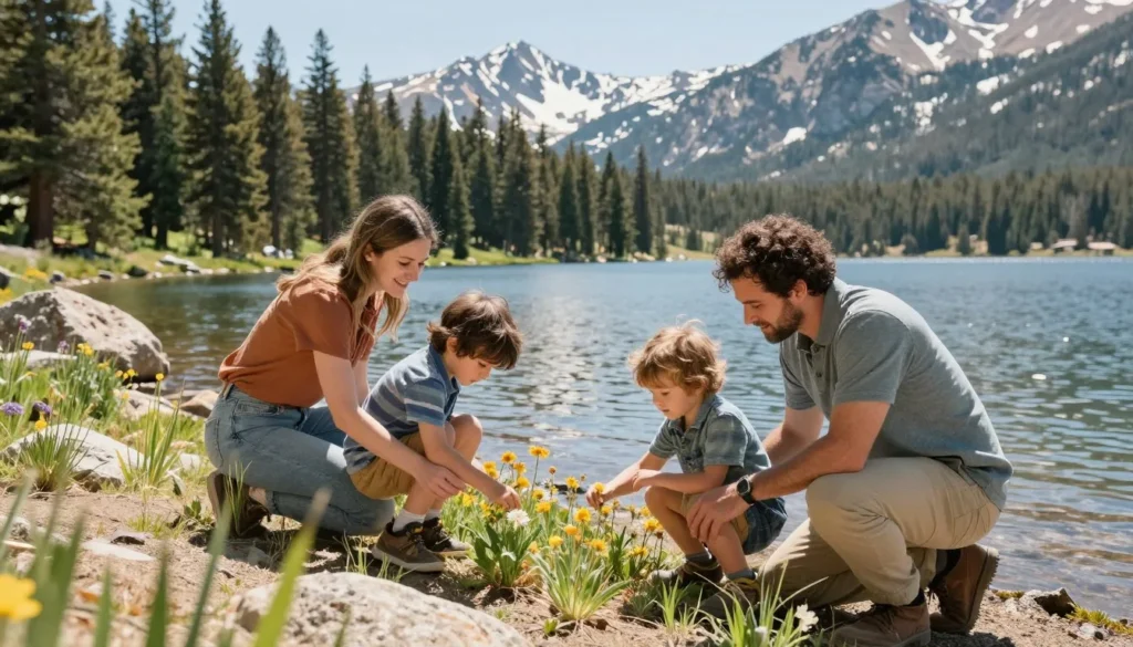 Family enjoying nature walk near La Sal Mountains lake Family enjoying nature walk near La Sal Mountains lake