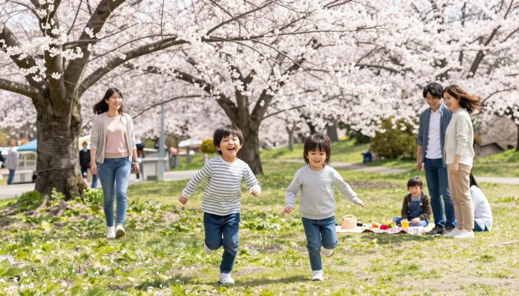 Family enjoying outdoor activities at Japanese park in spring