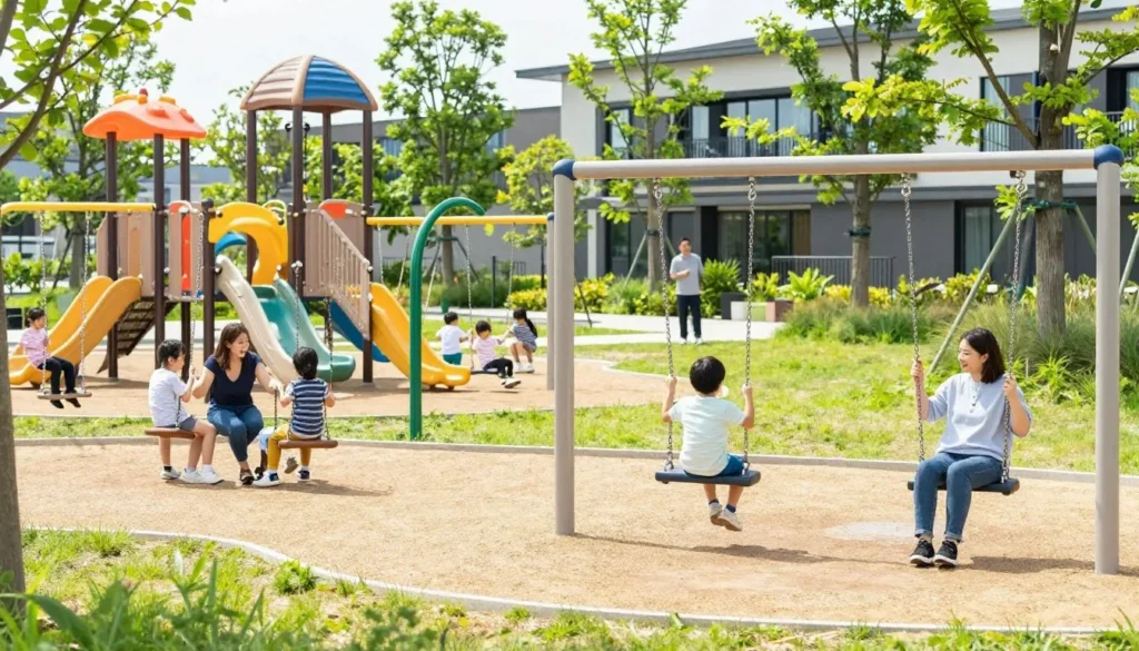 Family enjoying outdoor park activities in Fukuoka with playground equipment visible Family enjoying outdoor park activities in Fukuoka with playground equipment visible