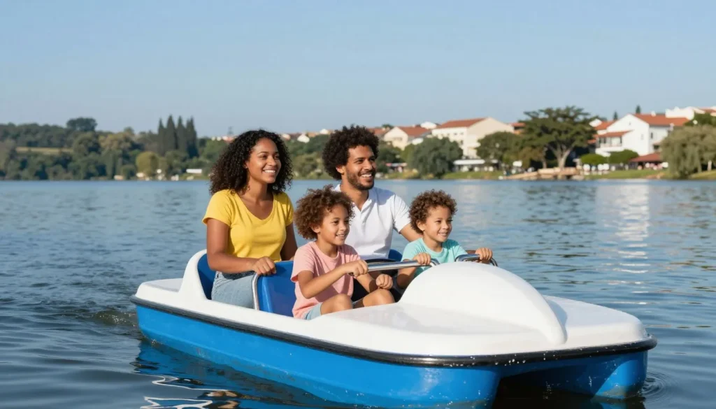 Family enjoying paddle boats on Pampulha lake