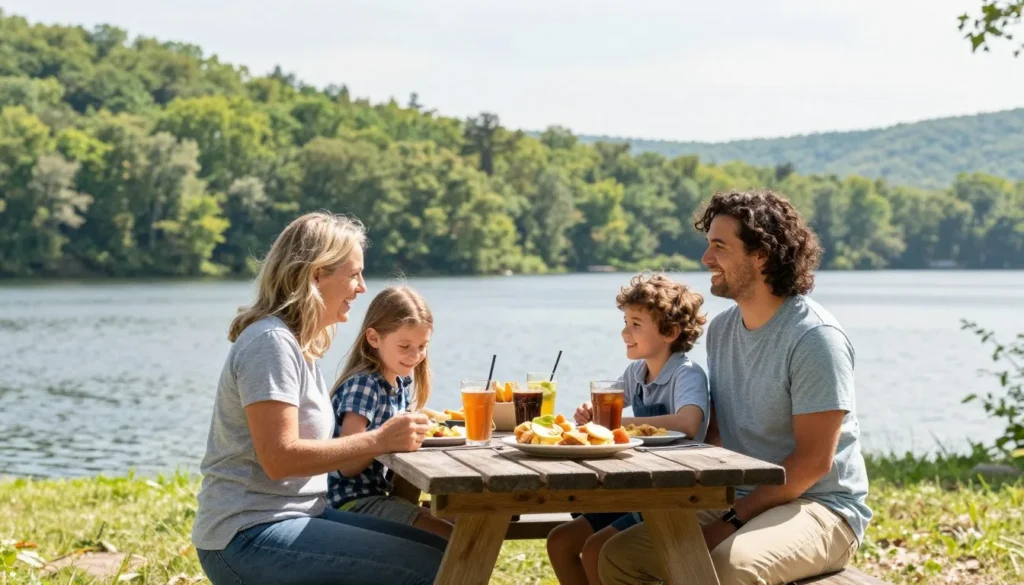 Family enjoying picnic at Great Falls Lake Tennessee Family enjoying picnic at Great Falls Lake Tennessee