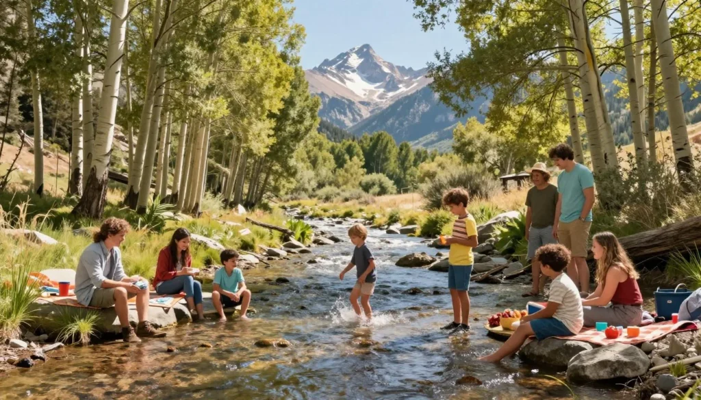 Family enjoying picnic by mountain stream