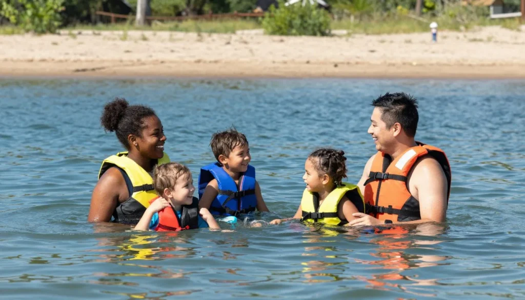 Family enjoying swimming and water activities at Goose Island Family enjoying swimming and water activities at Goose Island
