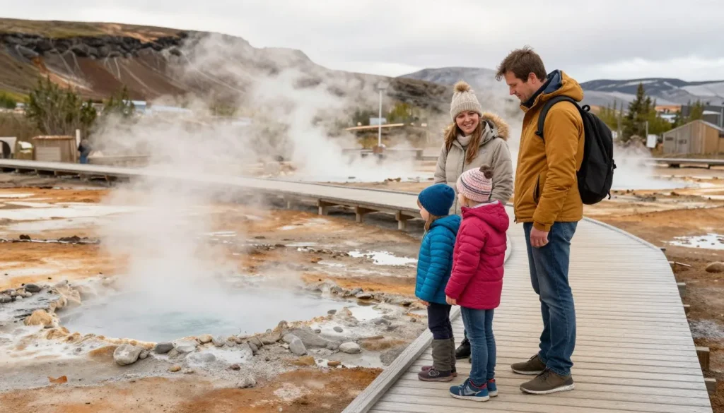 Family exploring Reykjanes Peninsula nature safely together