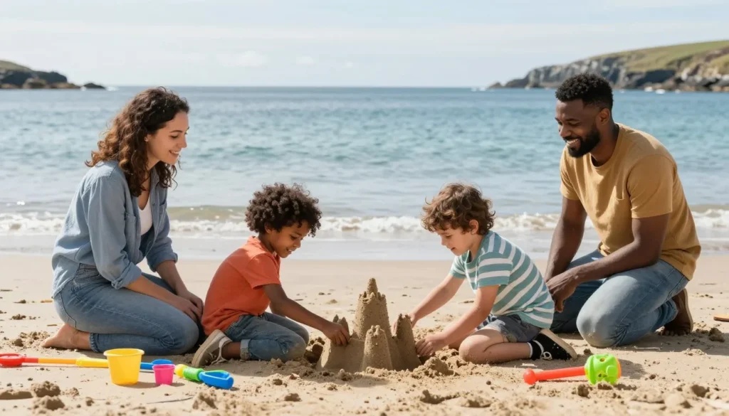 Family exploring beach on Dingle Peninsula Ireland with children playing