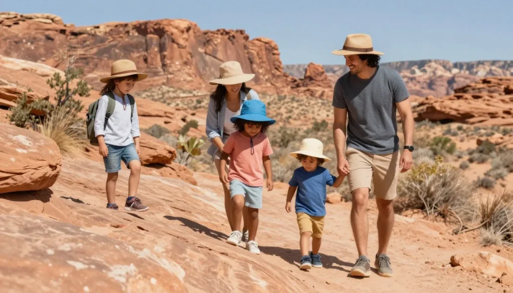 Family exploring desert near Mexican Hat with children