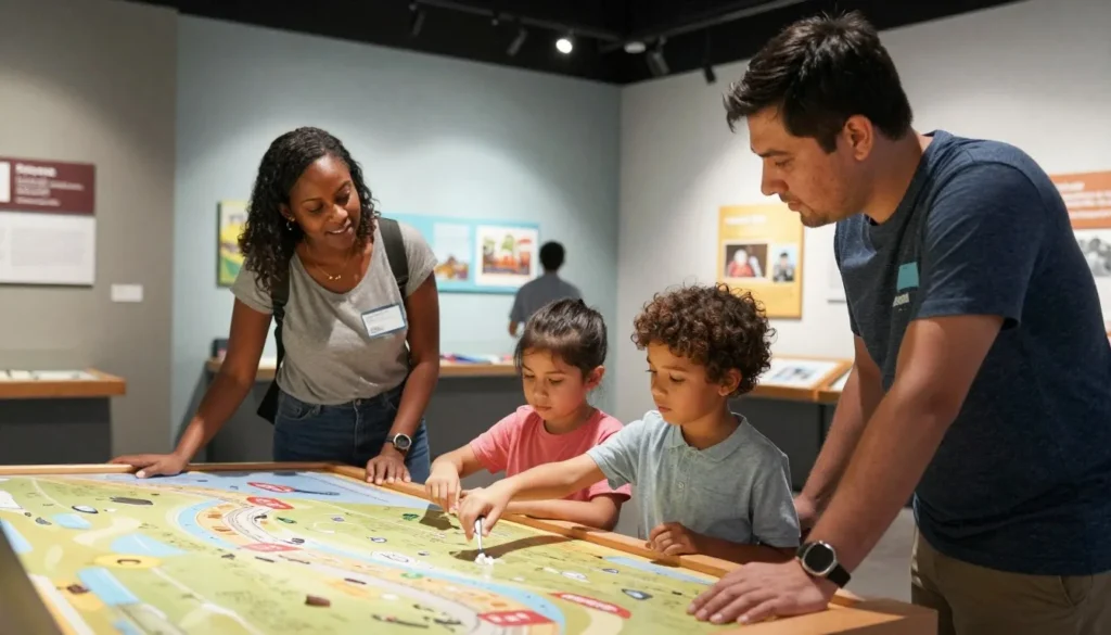Family exploring interactive history exhibit in Greeneville museum Family exploring interactive history exhibit in Greeneville museum