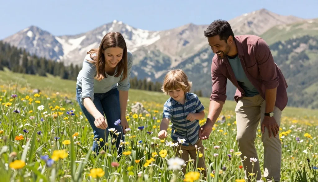 Family exploring mountain meadow near Taylor Pass area Family exploring mountain meadow near Taylor Pass area