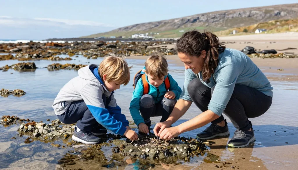 Family exploring rock pools on Connemara beach