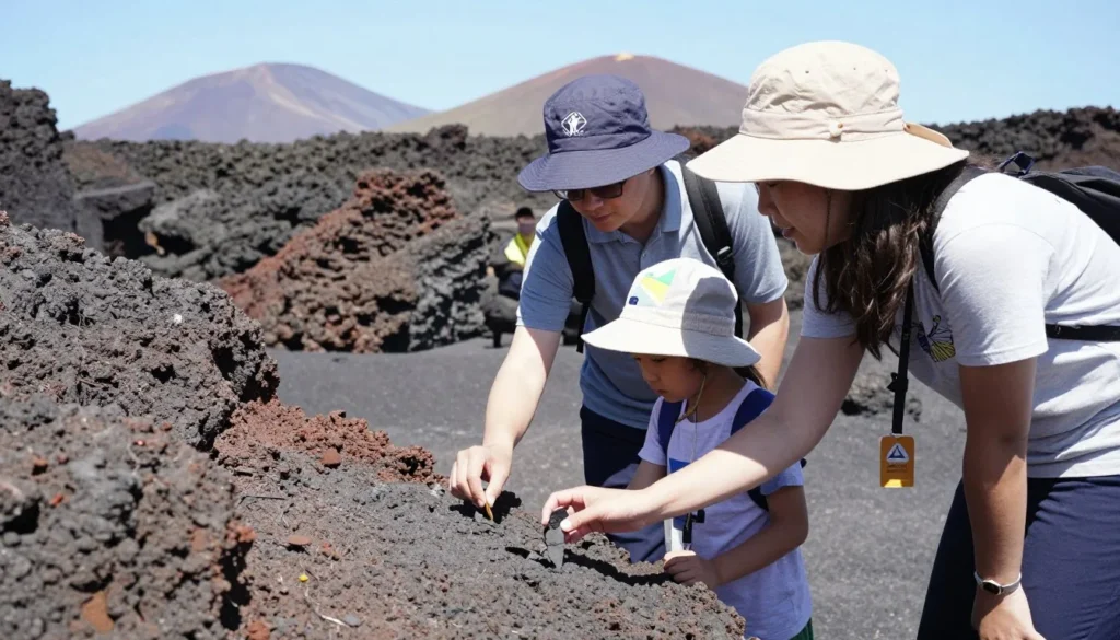 Family exploring volcanic rocks together Family exploring volcanic rocks together