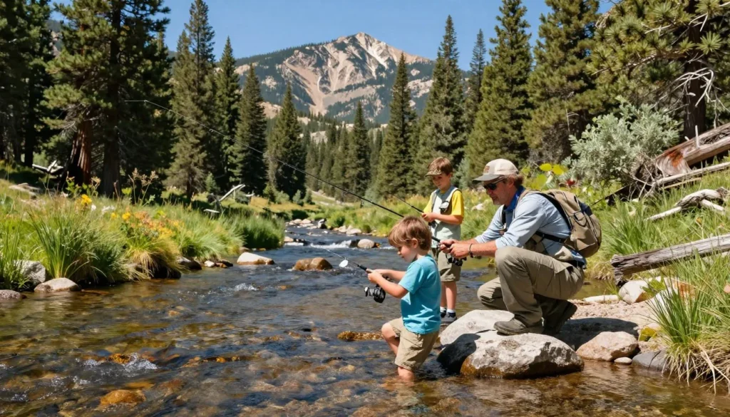 Family fishing along stream in Pine Valley area Family fishing along stream in Pine Valley area