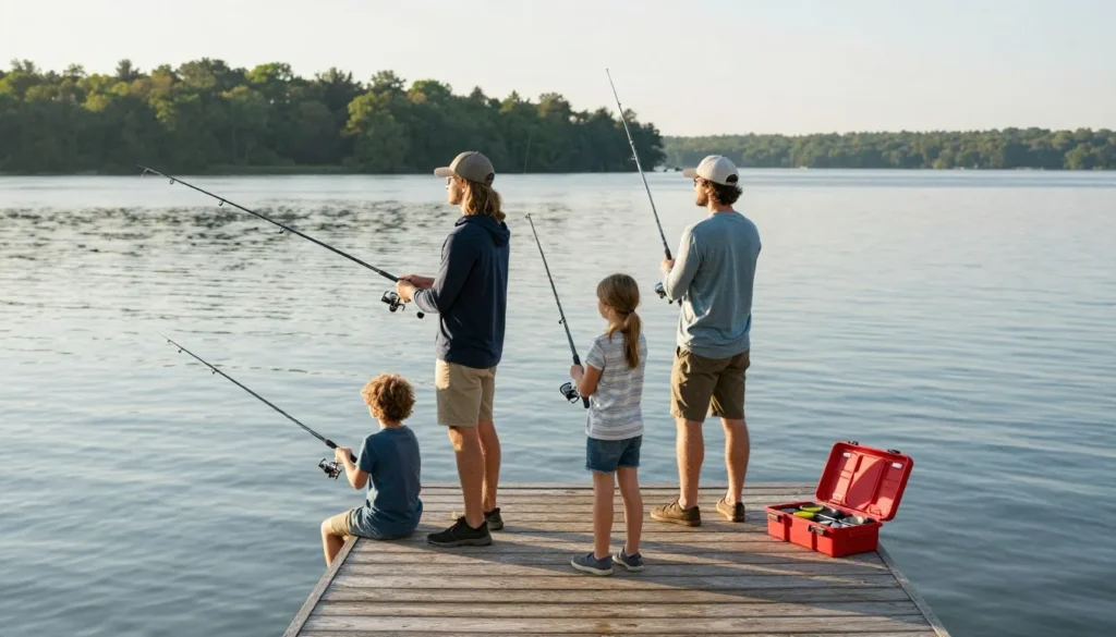 Family fishing from dock on Kentucky Lake with fishing rods and tackle box Family fishing from dock on Kentucky Lake with fishing rods and tackle box