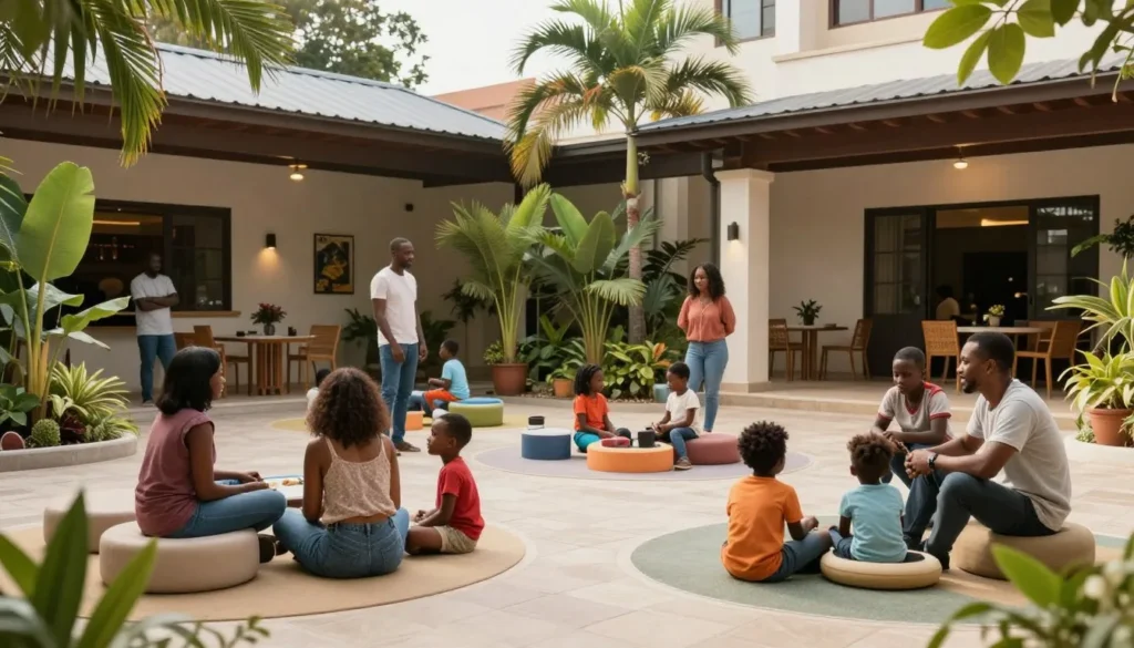 Family-friendly courtyard in Porto-Novo with children playing safely