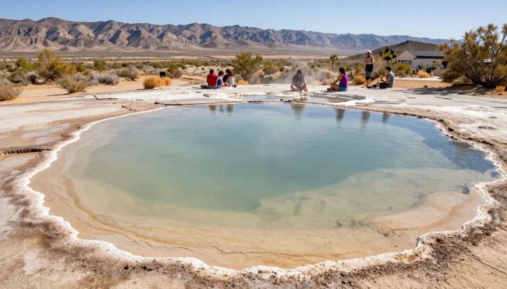Family-friendly hot springs pool with gentle entry in Nevada natural setting Family-friendly hot springs pool with gentle entry in Nevada natural setting