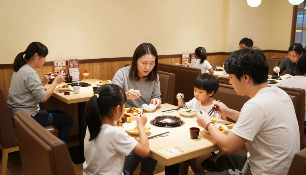 Family-friendly restaurant interior with parents and children dining