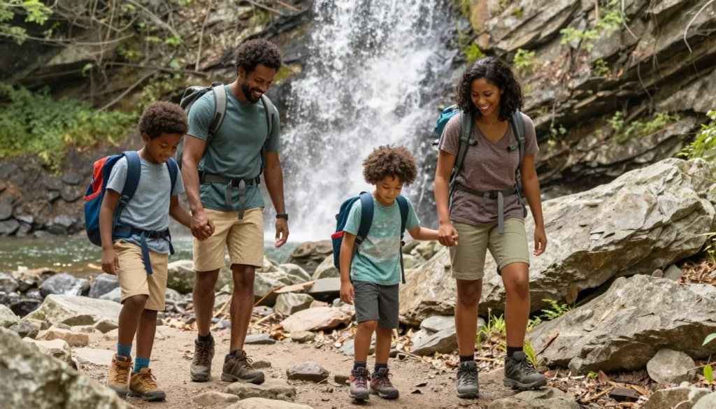 Family hiking at Greeter Falls Tennessee trail Family hiking at Greeter Falls Tennessee trail