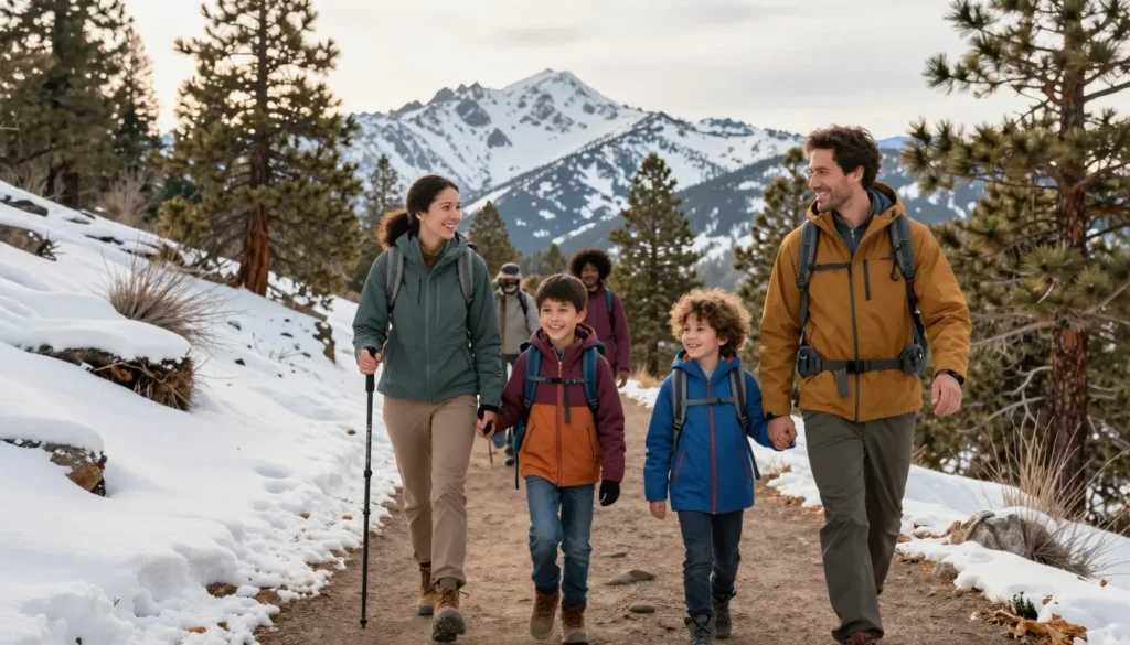 Family hiking easy mountain trail together