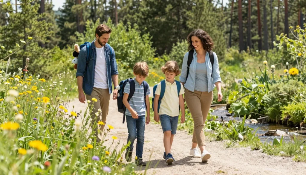 Family hiking easy trail near Lamoille Canyon with children