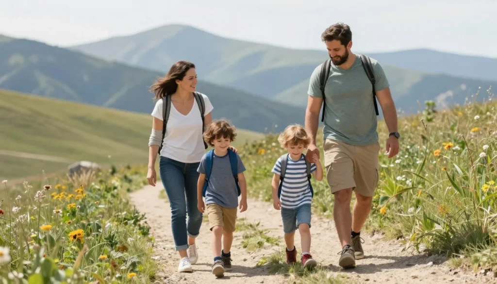 Family hiking easy trail with children