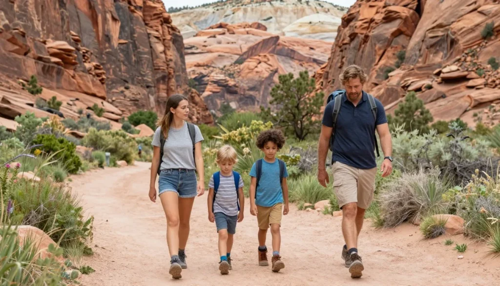 Family hiking on Unaweep Canyon trail with children Family hiking on Unaweep Canyon trail with children