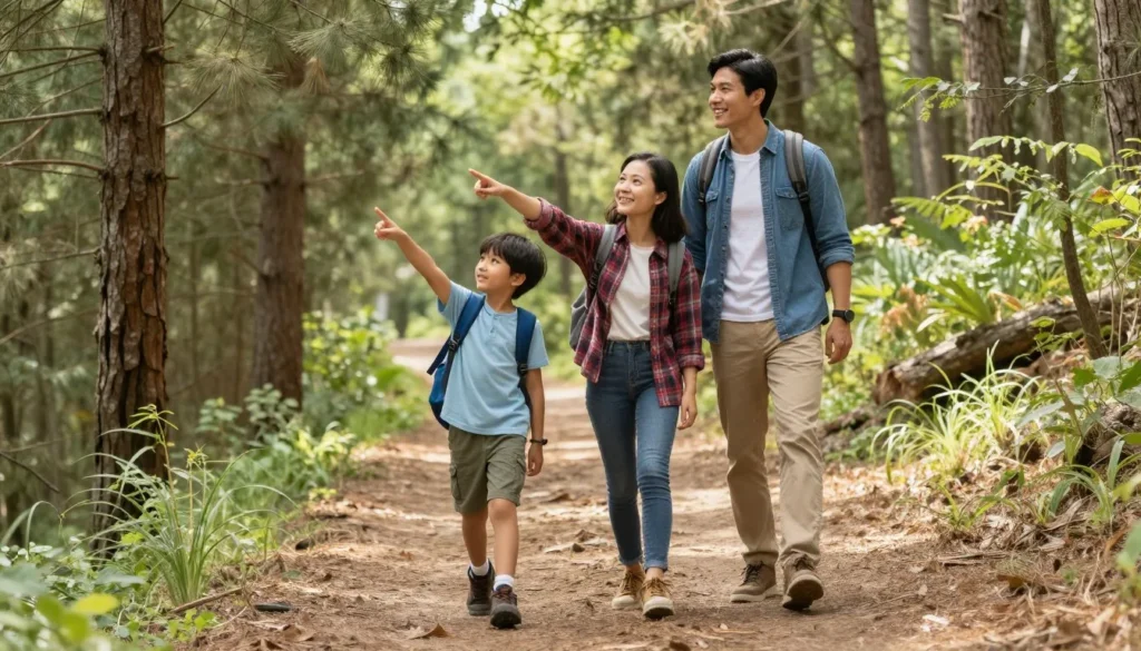 Family hiking on easy forest trail