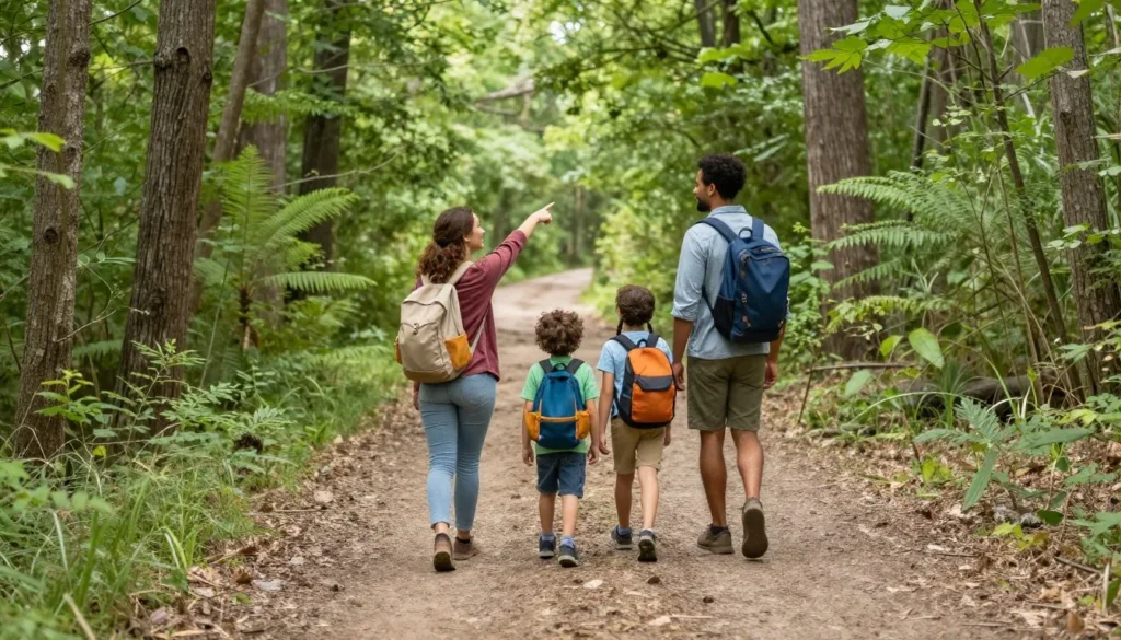 Family hiking on easy forest trail Family hiking on easy forest trail