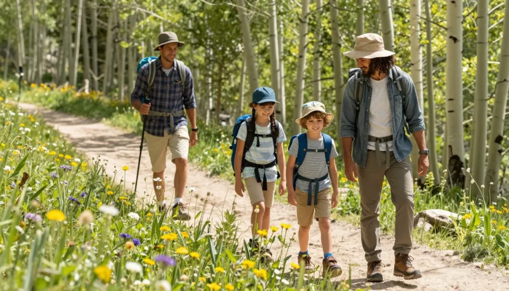 Family hiking on gentle trail in Lamoille Canyon with children Family hiking on gentle trail in Lamoille Canyon with children