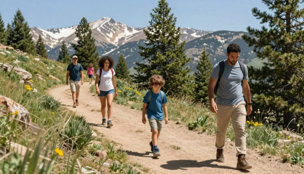 Family hiking on mountain trail with children Family hiking on mountain trail with children