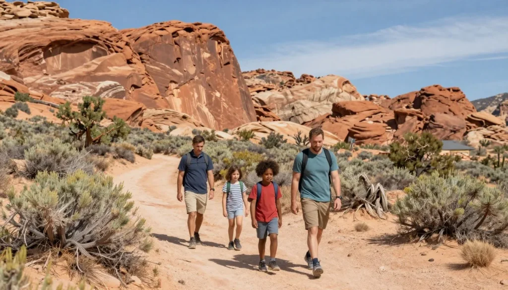 Family hiking on trail through Nine Mile Canyon desert landscape with cliffs in background Family hiking on trail through Nine Mile Canyon desert landscape with cliffs in background