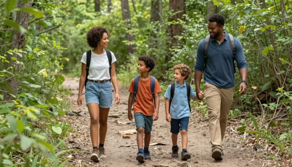 Family hiking together at Crowders Mountain State Park Family hiking together at Crowders Mountain State Park