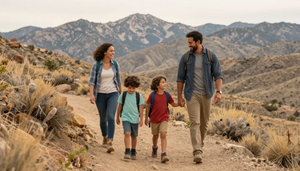 Family hiking together on easy Nevada trail with mountain views