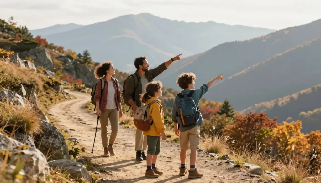 Family hiking together on mountain trail with children wearing backpacks Family hiking together on mountain trail with children wearing backpacks