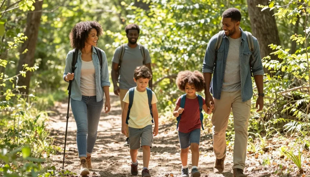 Family hiking together on nature trail Family hiking together on nature trail