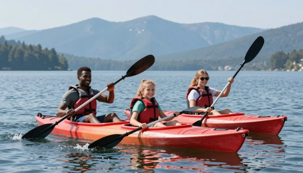 Family kayaking on calm waters of Palisade Reservoir on sunny day