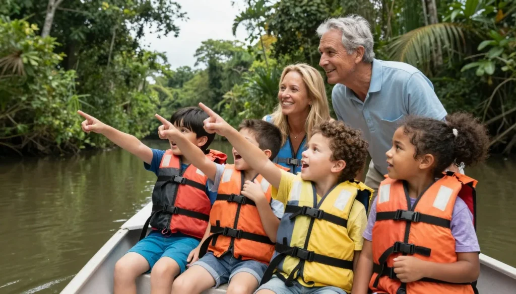 Family observing wildlife from boat in Tortuguero canals