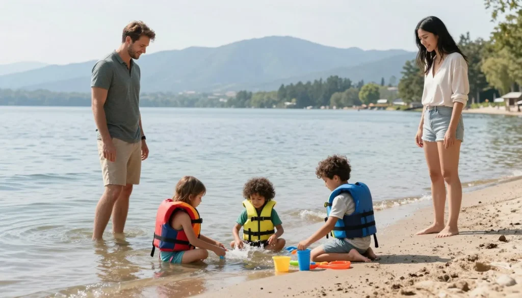 Family of diverse backgrounds enjoying beach area at Fontana Lake with children playing in shallow water Family of diverse backgrounds enjoying beach area at Fontana Lake with children playing in shallow water