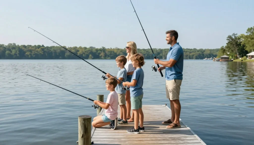 Family of four fishing from dock with children holding fishing rods Family of four fishing from dock with children holding fishing rods