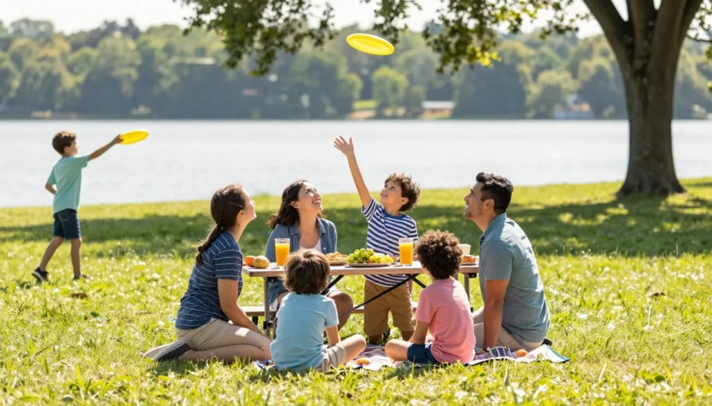 Family picnic at Harborside Park with children playing Family picnic at Harborside Park with children playing