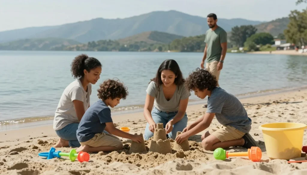 Family playing on sandy beach at Piute State Park Family playing on sandy beach at Piute State Park