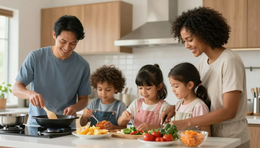 Family preparing meal together in cabin kitchen Tennessee Family preparing meal together in cabin kitchen Tennessee