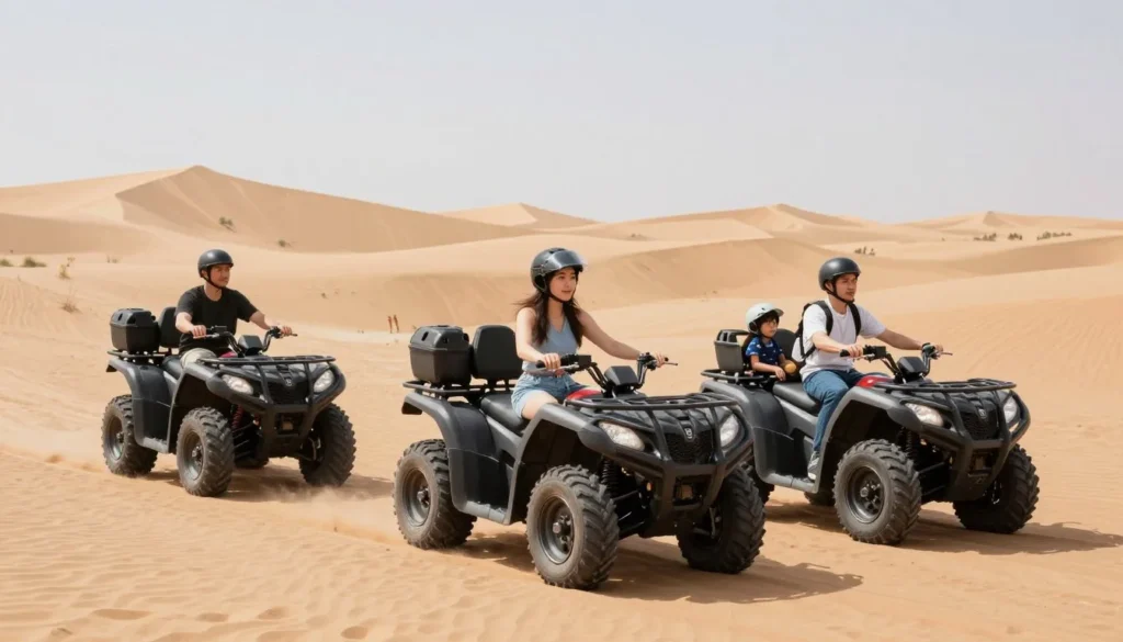 Family riding ATVs together on sand dunes Nevada Family riding ATVs together on sand dunes Nevada