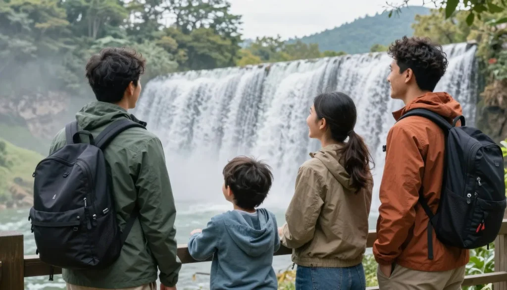 Family viewing waterfall in Cullasaja Gorge area Family viewing waterfall in Cullasaja Gorge area